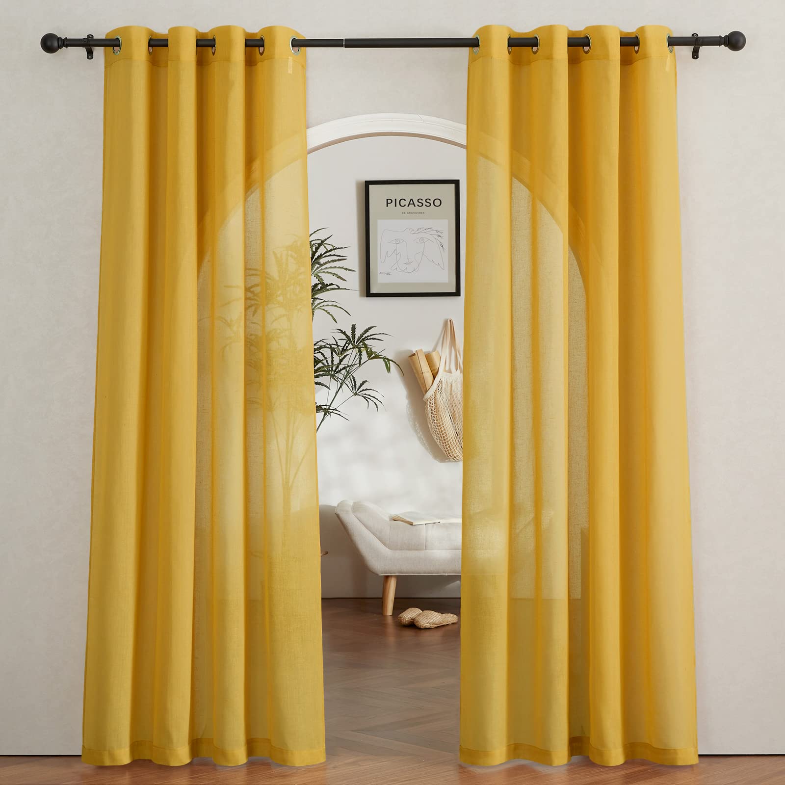 NICETOWN Linen Textured Semi Sheer Curtains 84 inches Length, Eyelet Top Bedroom Window Privacy Translucent Light Filtering Flax Sheer Drapes for Guest Room, 52 inches Wide, 2 Panels, Sea Mist