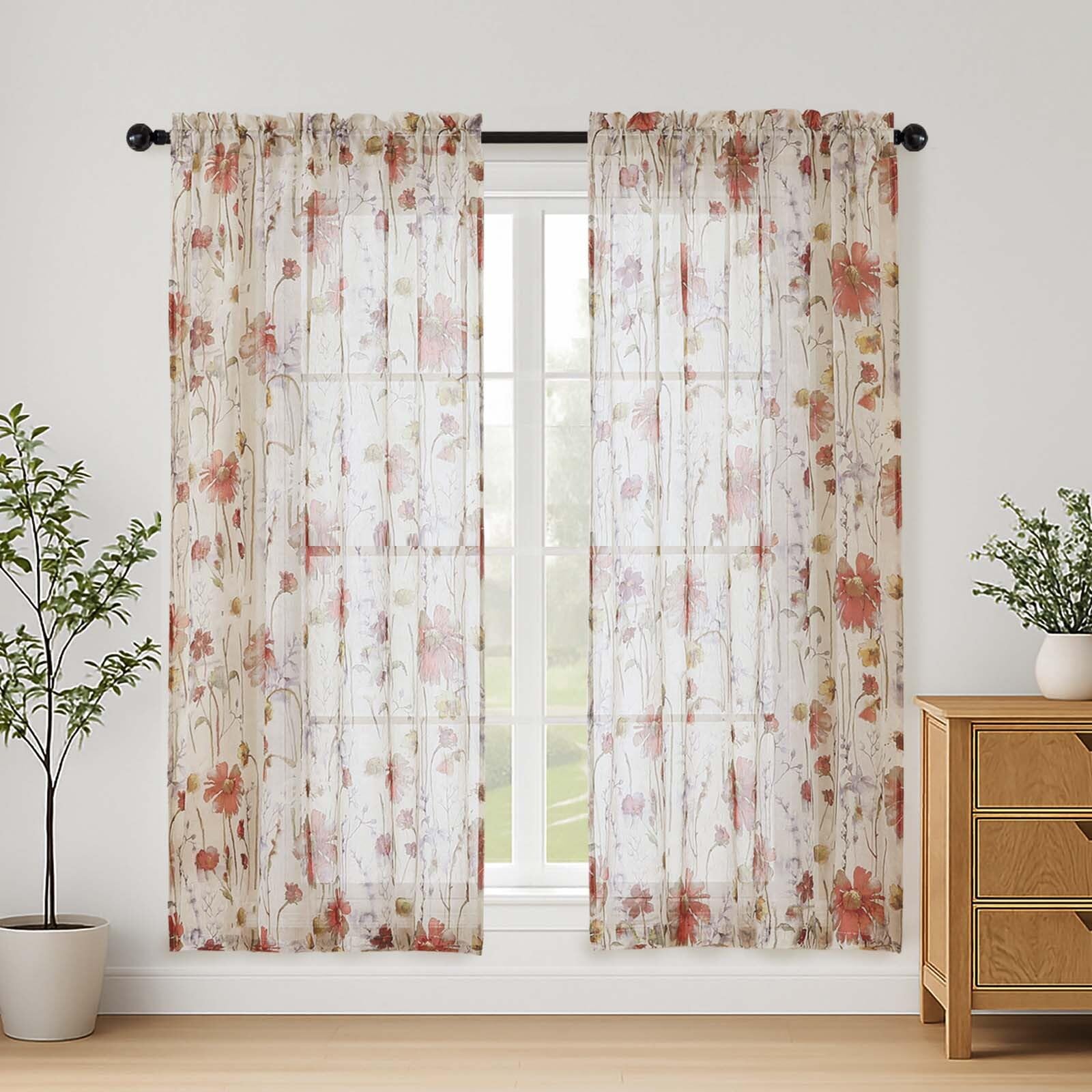 Lecloud Crushed Sheer Curtains 84 Inches Long 2 Panels, Airy Light Filtering Voile Floral Curtains for Living Room, Rod Pocket Romantic Window Curtain Drapes for Bedroom Dining Room, 42" W x 84" L
