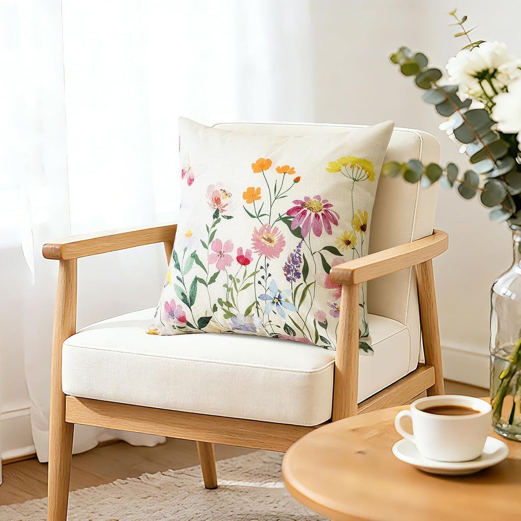 Artscope Spring Summer Floral Throw Pillow Covers 18x18 Inch Set of 2, Farmhouse Flower Butterfly Print Decorative Pillow Cases for Sofa Bed Room Home Decor- Flower A