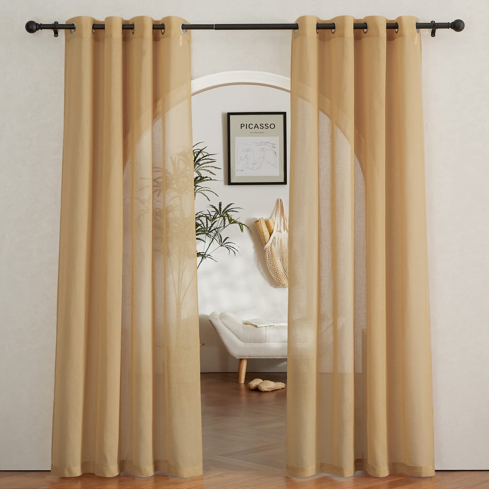 NICETOWN Linen Textured Semi Sheer Curtains 84 inches Length, Eyelet Top Bedroom Window Privacy Translucent Light Filtering Flax Sheer Drapes for Guest Room, 52 inches Wide, 2 Panels, Sea Mist