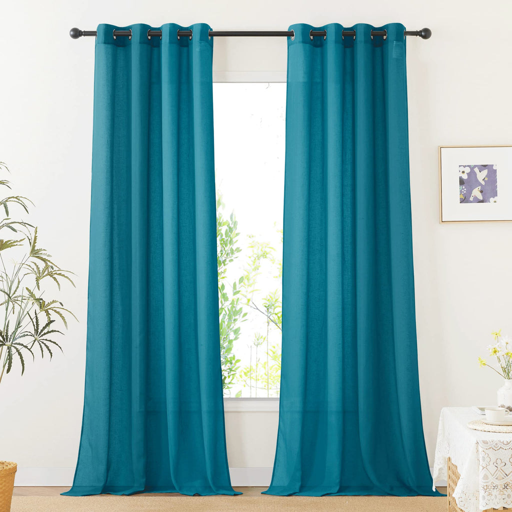 NICETOWN Linen Textured Semi Sheer Curtains 84 inches Length, Eyelet Top Bedroom Window Privacy Translucent Light Filtering Flax Sheer Drapes for Guest Room, 52 inches Wide, 2 Panels, Sea Mist