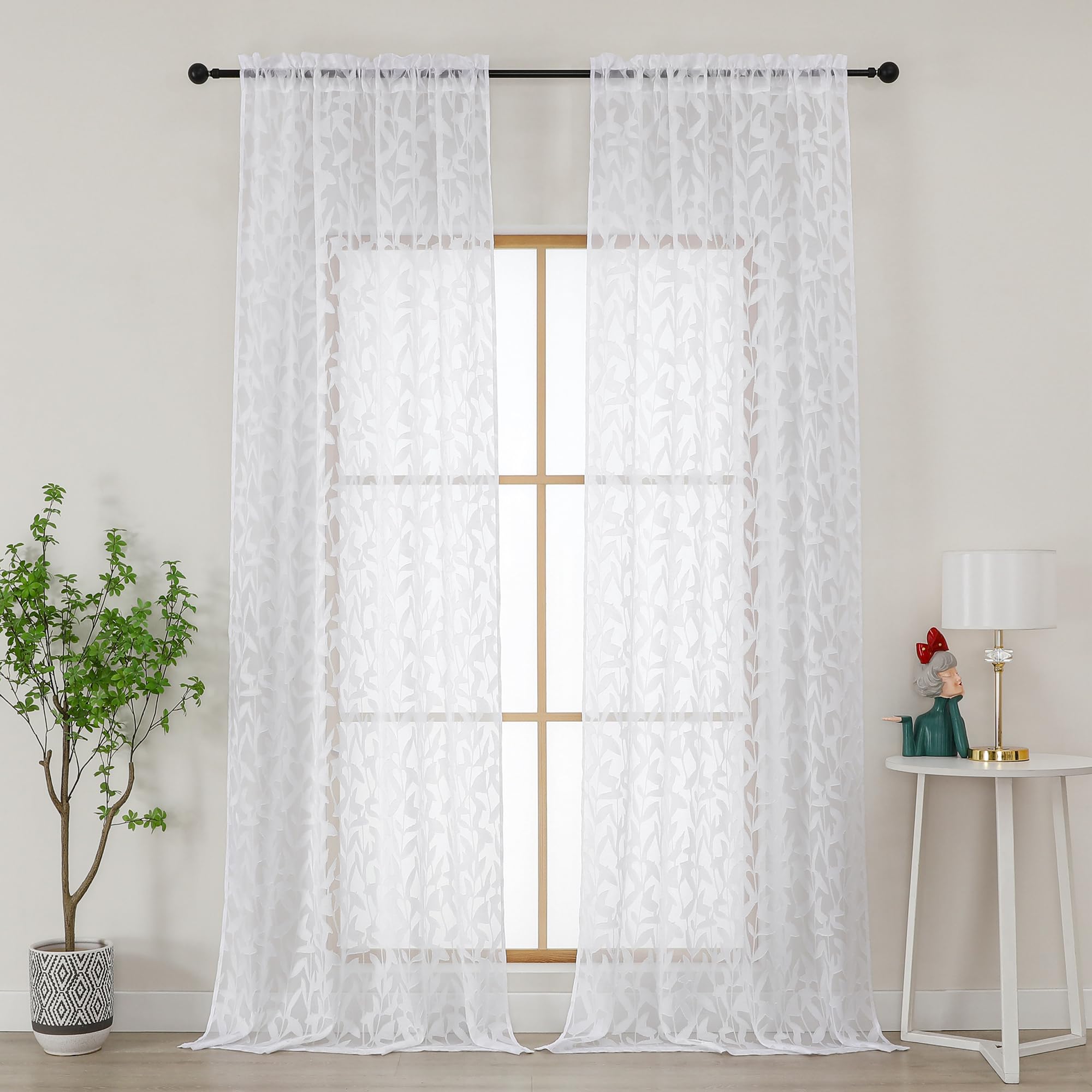 Gwine Sage Green Curtains 84 Inches Long 2 Panels Set, Light Filtering Soft Lightweight Sheer Curtains, Leaf Clip Jacquard Textured Curtain for Bedroom Living Room, 42Wx84L Inches, 2PCS