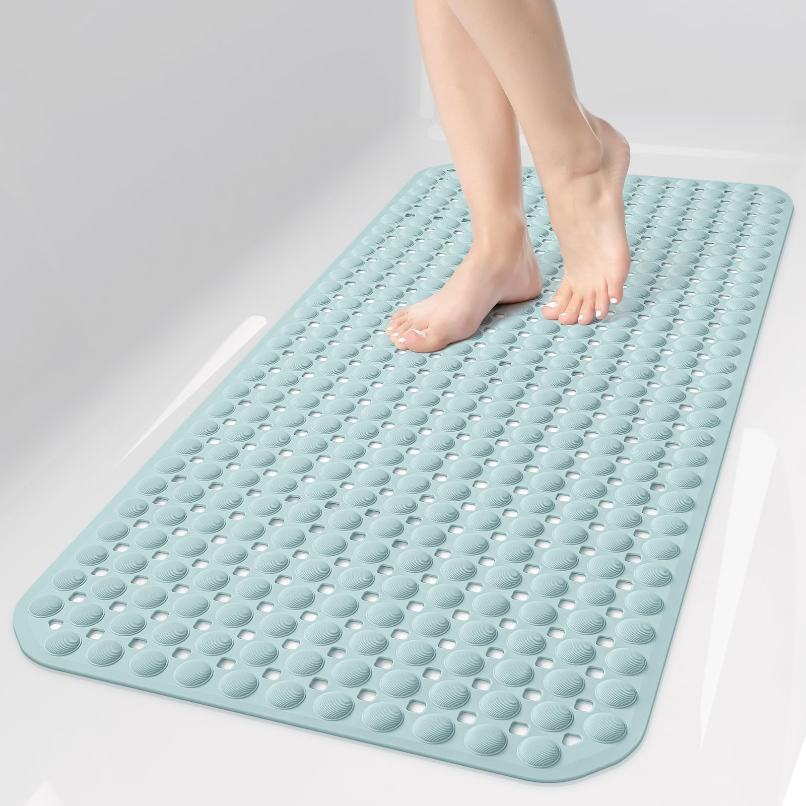 35x16 Inch Grey Non Slip Bathtub Shower Mat with Suction Cups Drain Holes Foot Scrubber Machine Washable Bathroom Floor Liner