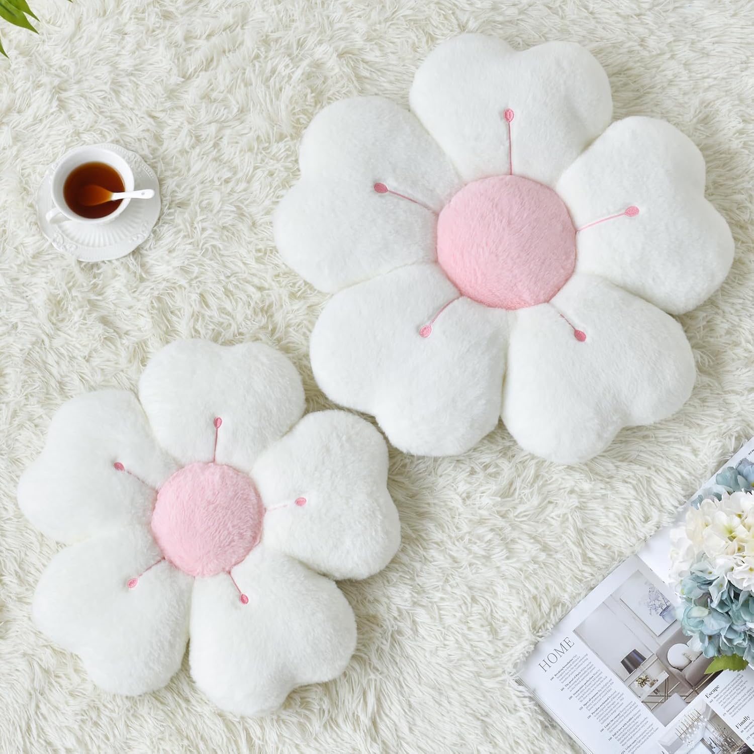 Flower Pillow, Cute Decorative Throw Pillow (White, 15 Inches) | Flower Shaped Pillow, Decorative Throw Pillows for Bed Couch, Cute Daisy Pillow Dorm Decor Floor Seating Cushion