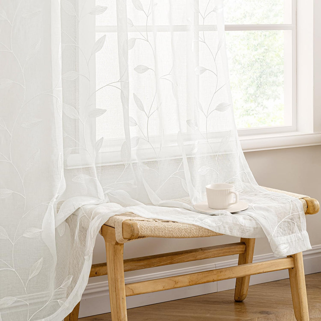 MIULEE Sage Green Sheer Curtains 2 Panels Embroidered Leaf Patterned Rod Pocket Floral Semi Sheer Faux Linen Window Curtains Drapes Set for Living Room Bedroom Dining Room, 52x84 Inches Long