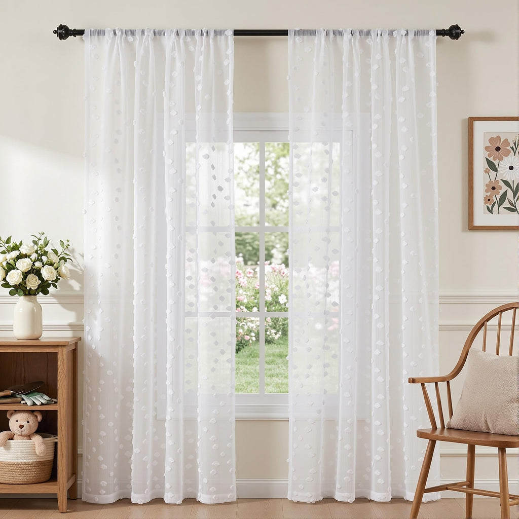2 Panels 52"W x 84"L Dusty Rose Pom Pom Sheer Curtains Rod Pocket Light Filtering Boho Window Drapes for Girls Bedroom Nursery Kids Room