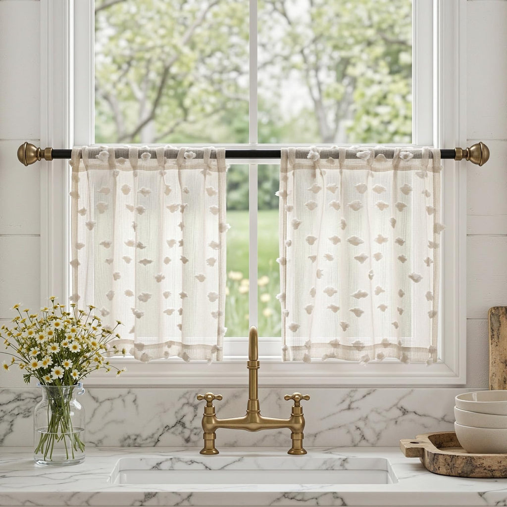 2 Panels 52"W x 84"L Dusty Rose Pom Pom Sheer Curtains Rod Pocket Light Filtering Boho Window Drapes for Girls Bedroom Nursery Kids Room