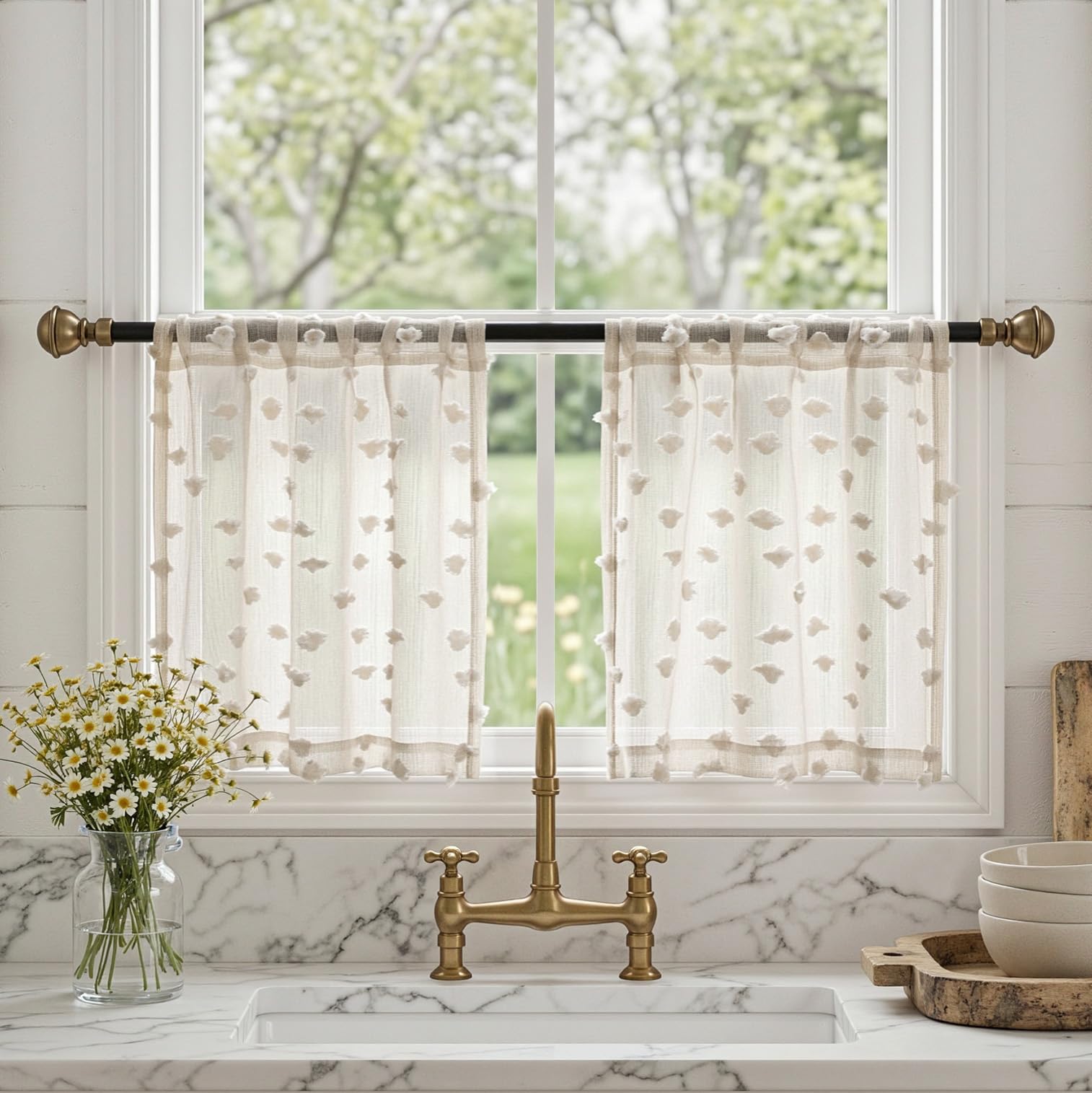 2 Panels 52"W x 84"L Dusty Rose Pom Pom Sheer Curtains Rod Pocket Light Filtering Boho Window Drapes for Girls Bedroom Nursery Kids Room