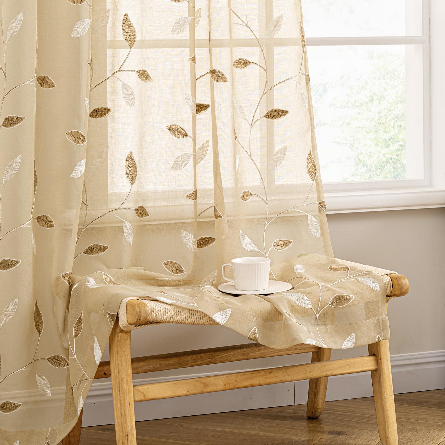 MIULEE Sage Green Sheer Curtains 2 Panels Embroidered Leaf Patterned Rod Pocket Floral Semi Sheer Faux Linen Window Curtains Drapes Set for Living Room Bedroom Dining Room, 52x84 Inches Long