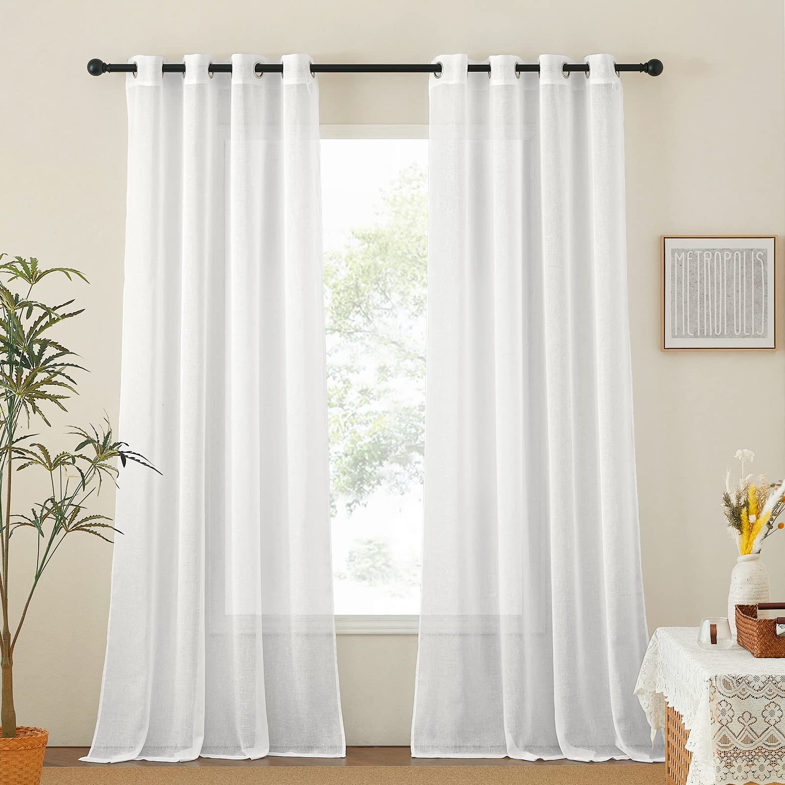 NICETOWN Linen Textured Semi Sheer Curtains 84 inches Length, Eyelet Top Bedroom Window Privacy Translucent Light Filtering Flax Sheer Drapes for Guest Room, 52 inches Wide, 2 Panels, Sea Mist