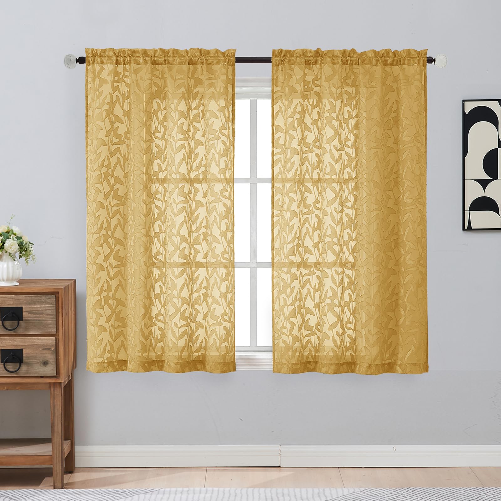 Gwine Sage Green Curtains 84 Inches Long 2 Panels Set, Light Filtering Soft Lightweight Sheer Curtains, Leaf Clip Jacquard Textured Curtain for Bedroom Living Room, 42Wx84L Inches, 2PCS