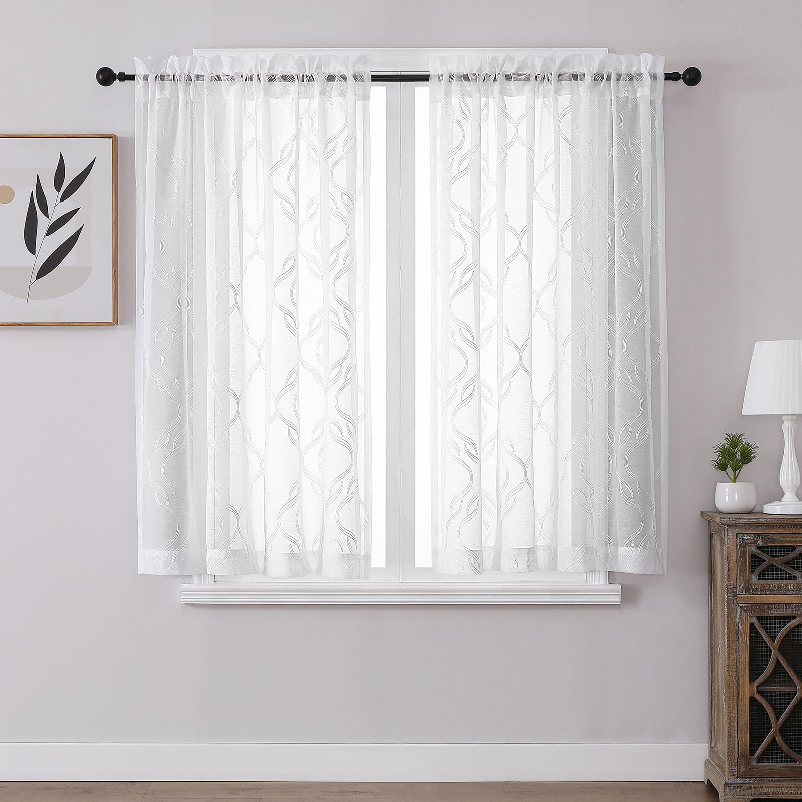 VISIONTEX White Sheer Curtains 84 Inches Long 2 Panels, Light Filtering Grey Moroccan Trellis Embroidered Semi Sheer Voile Drapes, Rod Pocket Textured Window Curtain for Bedroom Living Room 54W x 84L