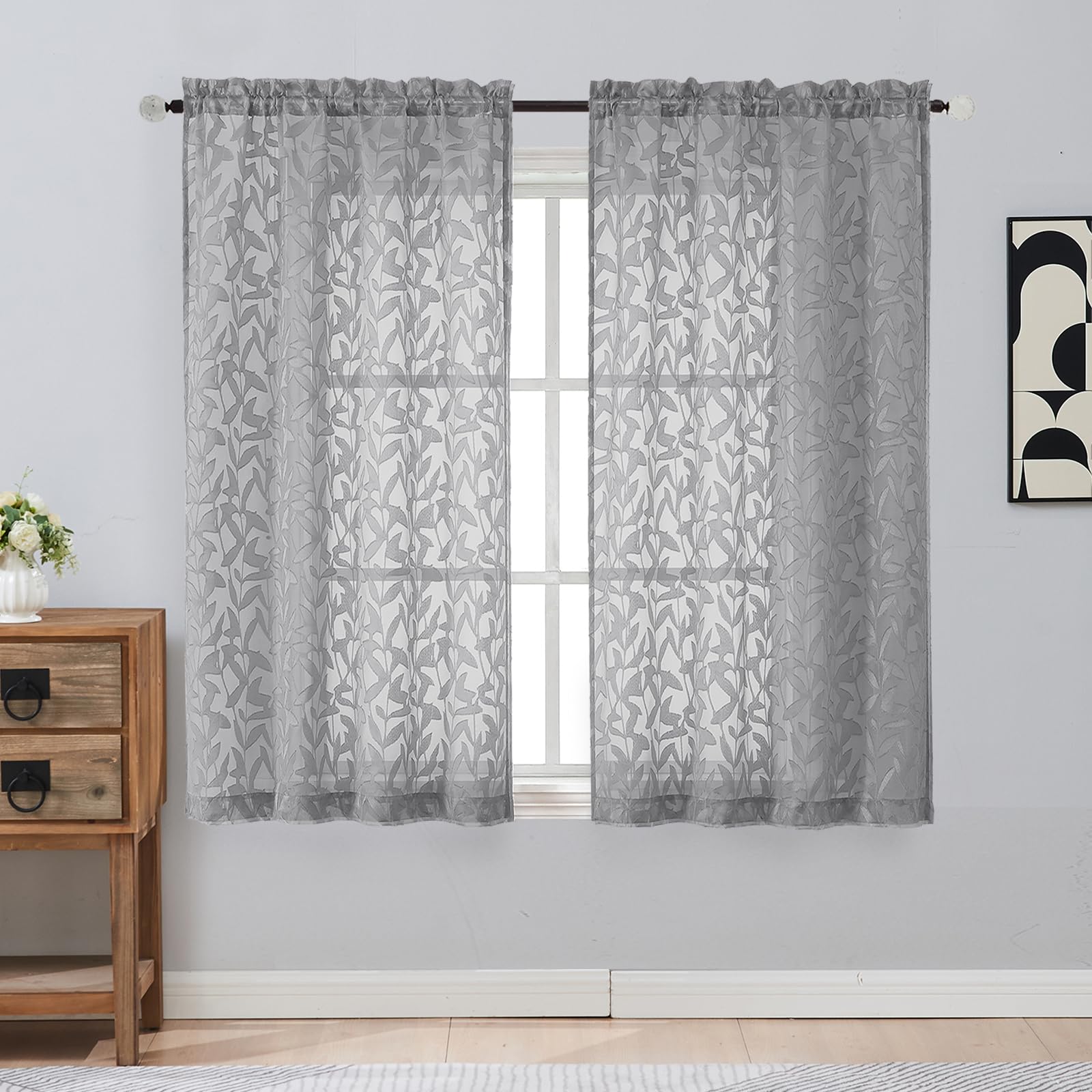 Gwine Sage Green Curtains 84 Inches Long 2 Panels Set, Light Filtering Soft Lightweight Sheer Curtains, Leaf Clip Jacquard Textured Curtain for Bedroom Living Room, 42Wx84L Inches, 2PCS
