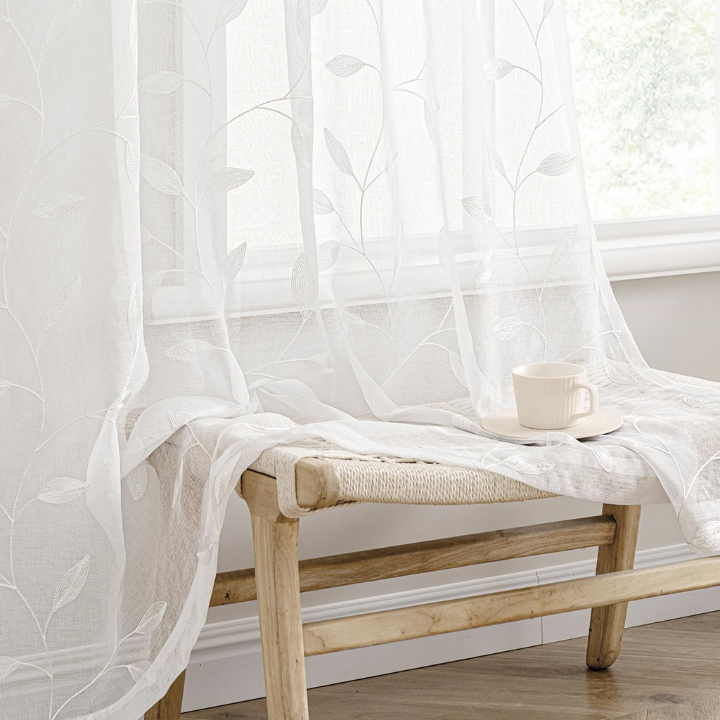 MIULEE Sage Green Sheer Curtains 2 Panels Embroidered Leaf Patterned Rod Pocket Floral Semi Sheer Faux Linen Window Curtains Drapes Set for Living Room Bedroom Dining Room, 52x84 Inches Long