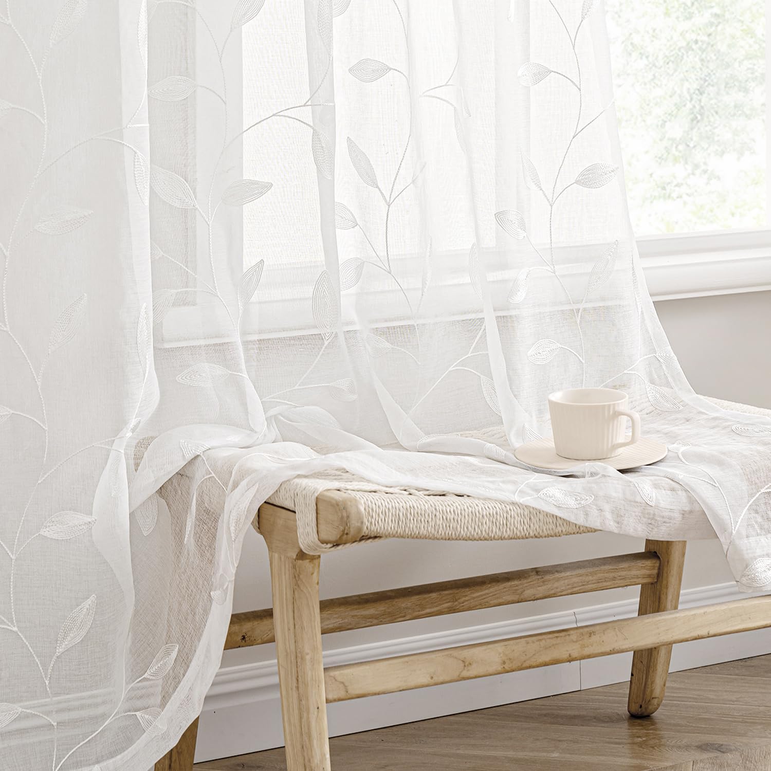 MIULEE Sage Green Sheer Curtains 2 Panels Embroidered Leaf Patterned Rod Pocket Floral Semi Sheer Faux Linen Window Curtains Drapes Set for Living Room Bedroom Dining Room, 52x84 Inches Long