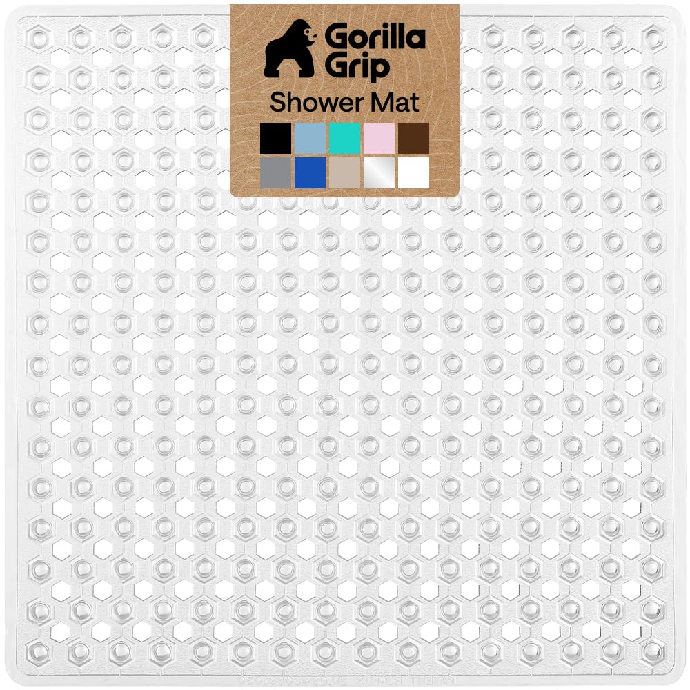 GORILLA GRIP Patented Bath Tub Shower Mat, Machine Washable Bathtub Floor Liner Mats, Suction Cups and Drain Holes to Keep Tubs Clean, Soft on Feet, Bathroom Essentials, 35x16 Inch, Clear
