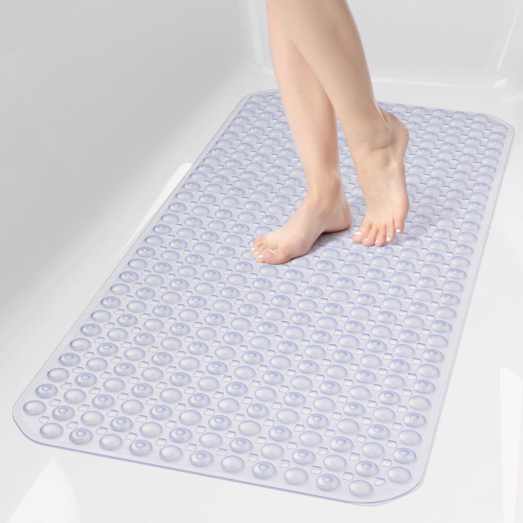 35x16 Inch Grey Non Slip Bathtub Shower Mat with Suction Cups Drain Holes Foot Scrubber Machine Washable Bathroom Floor Liner