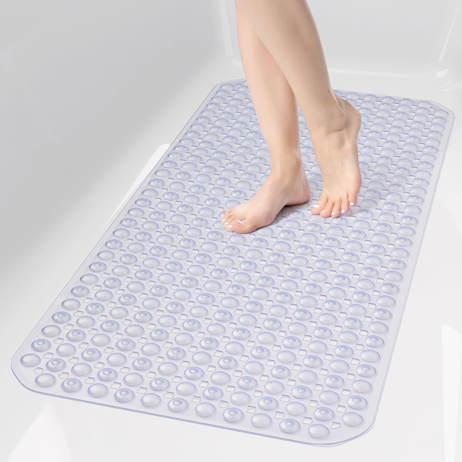 35x16 Inch Grey Non Slip Bathtub Shower Mat with Suction Cups Drain Holes Foot Scrubber Machine Washable Bathroom Floor Liner