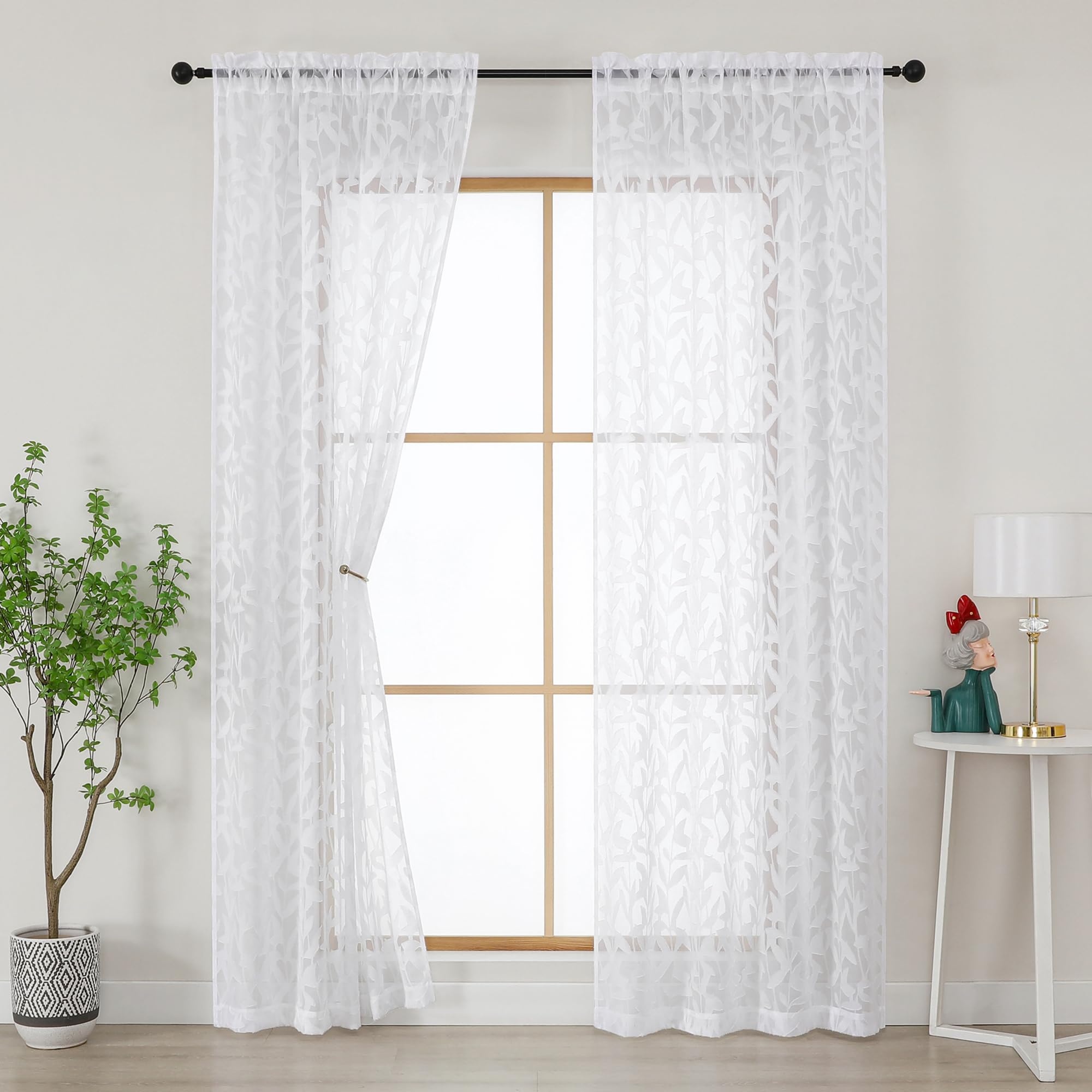 Gwine Sage Green Curtains 84 Inches Long 2 Panels Set, Light Filtering Soft Lightweight Sheer Curtains, Leaf Clip Jacquard Textured Curtain for Bedroom Living Room, 42Wx84L Inches, 2PCS