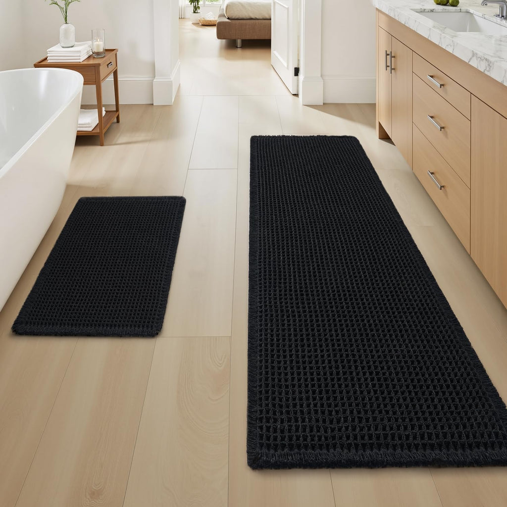 AMOAMI Upgraded Waffle Bath Mat, Super Absorbent Non Slip Bath Mats for Bathroom Floor, Machine Washable Bathroom Rugs with Tassels, Rubber Backed Bathroom Mats, Ultra Soft, 17" x 24", Brown