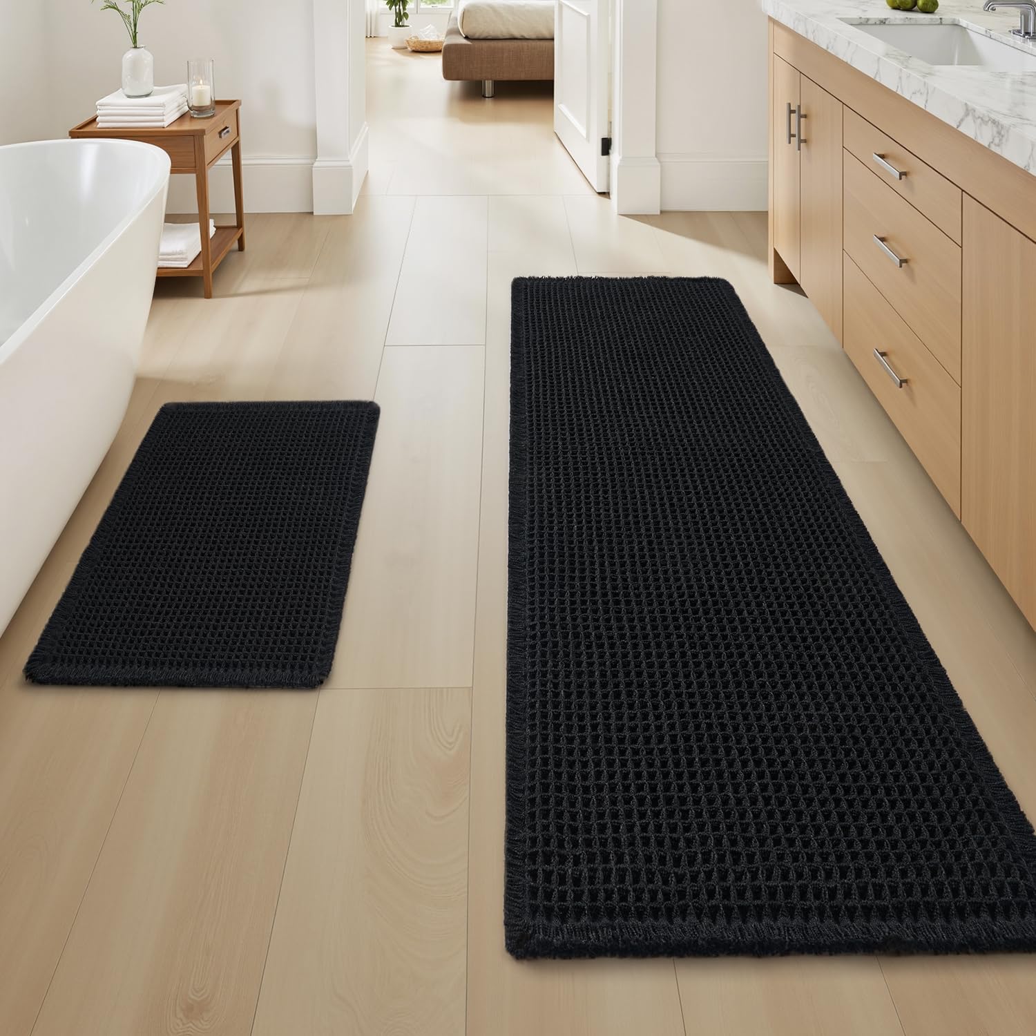 AMOAMI Upgraded Waffle Bath Mat, Super Absorbent Non Slip Bath Mats for Bathroom Floor, Machine Washable Bathroom Rugs with Tassels, Rubber Backed Bathroom Mats, Ultra Soft, 17" x 24", Brown
