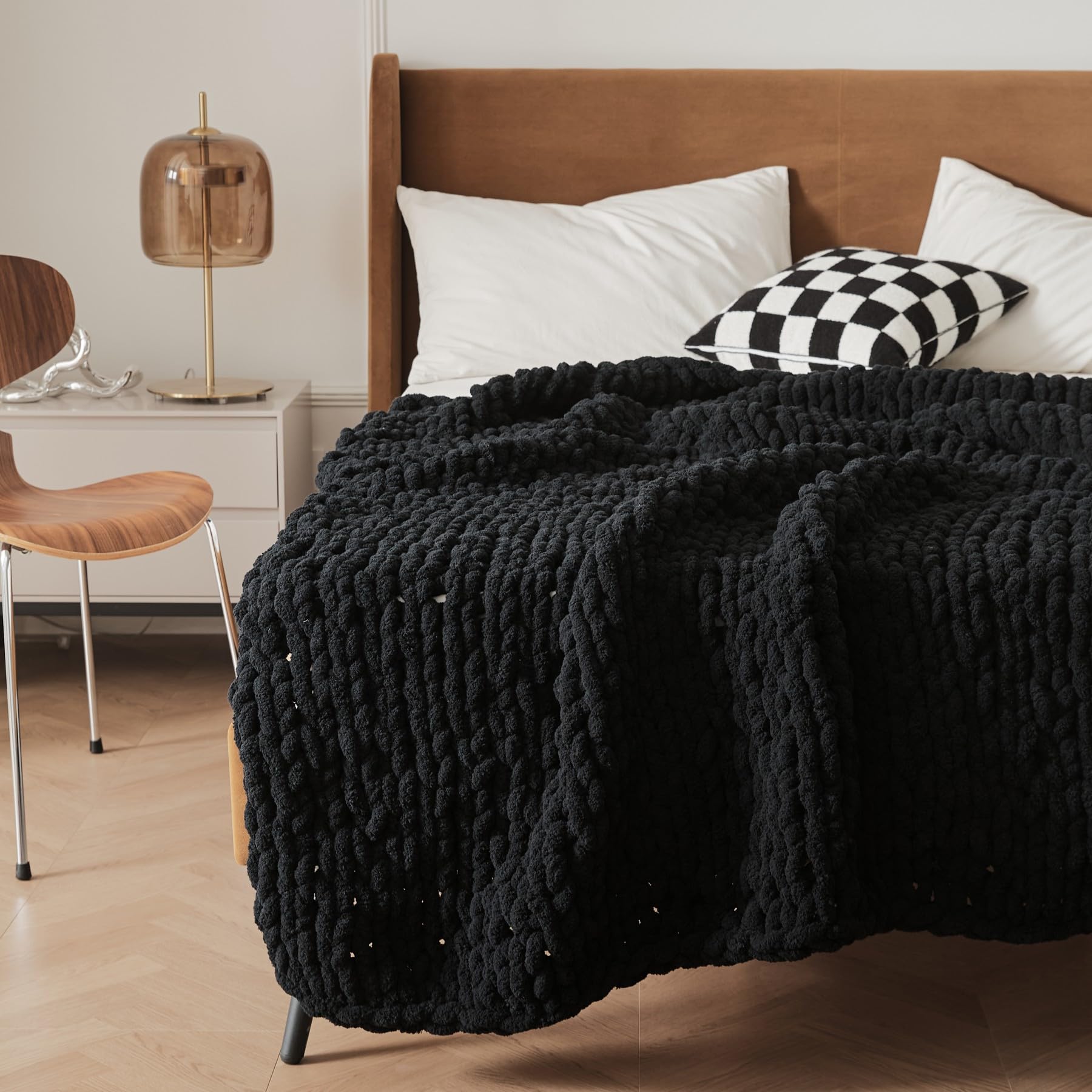 WESHIONGOO Chunky Knit Blanket Throw 40"*40" Knitted Throw Blankets for Couch Bed Fluffy Soft Blanket with Jumbo Chenille Yarn Thick 100% Handmade(Black)