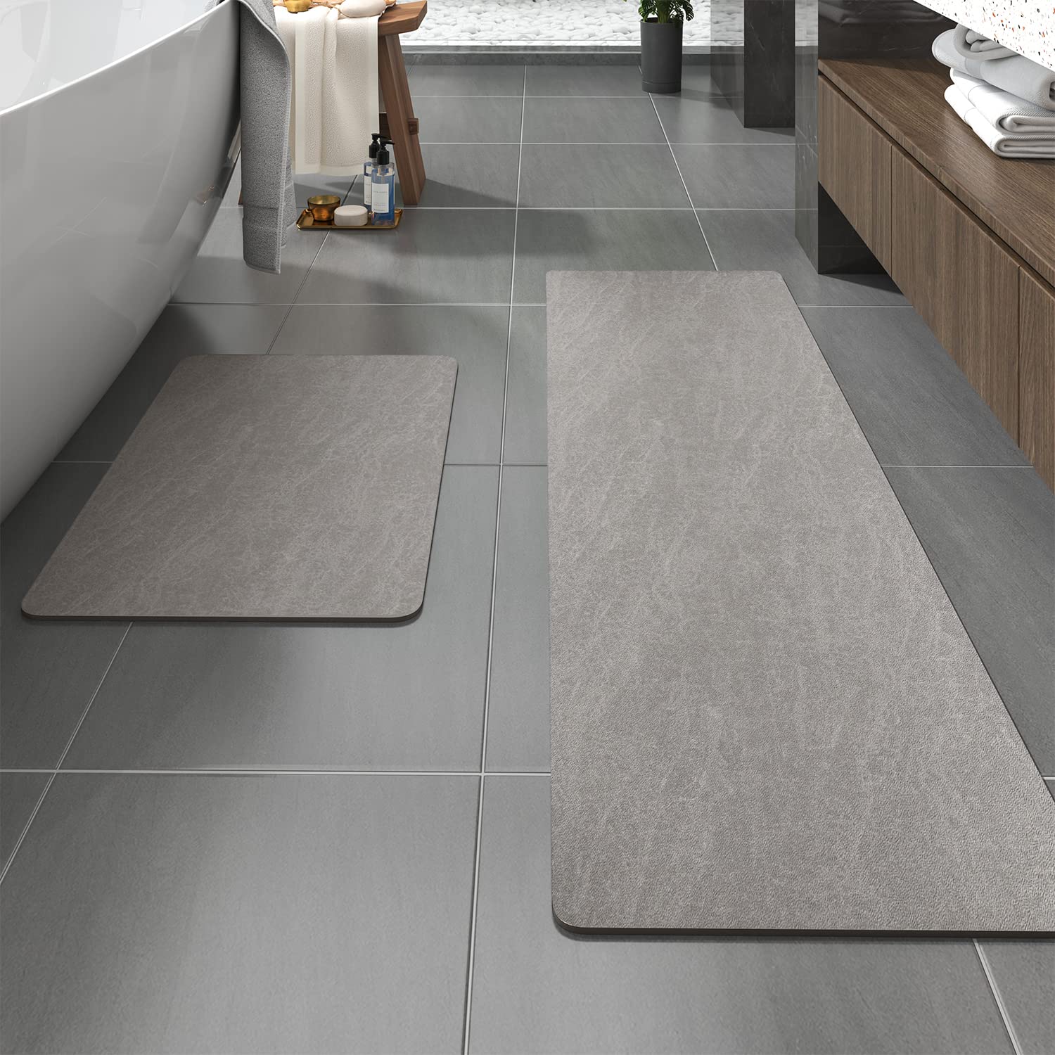 MontVoo -Bath Mat-Rubber Backing Non SlipThin Bathroom Rugs Fit Under Door- Quick Dry Absorbent Faux Suede Surface Grey Bathroom Floor Mats-Shower Rug for in Front of Bathtub Shower Gray 16x24