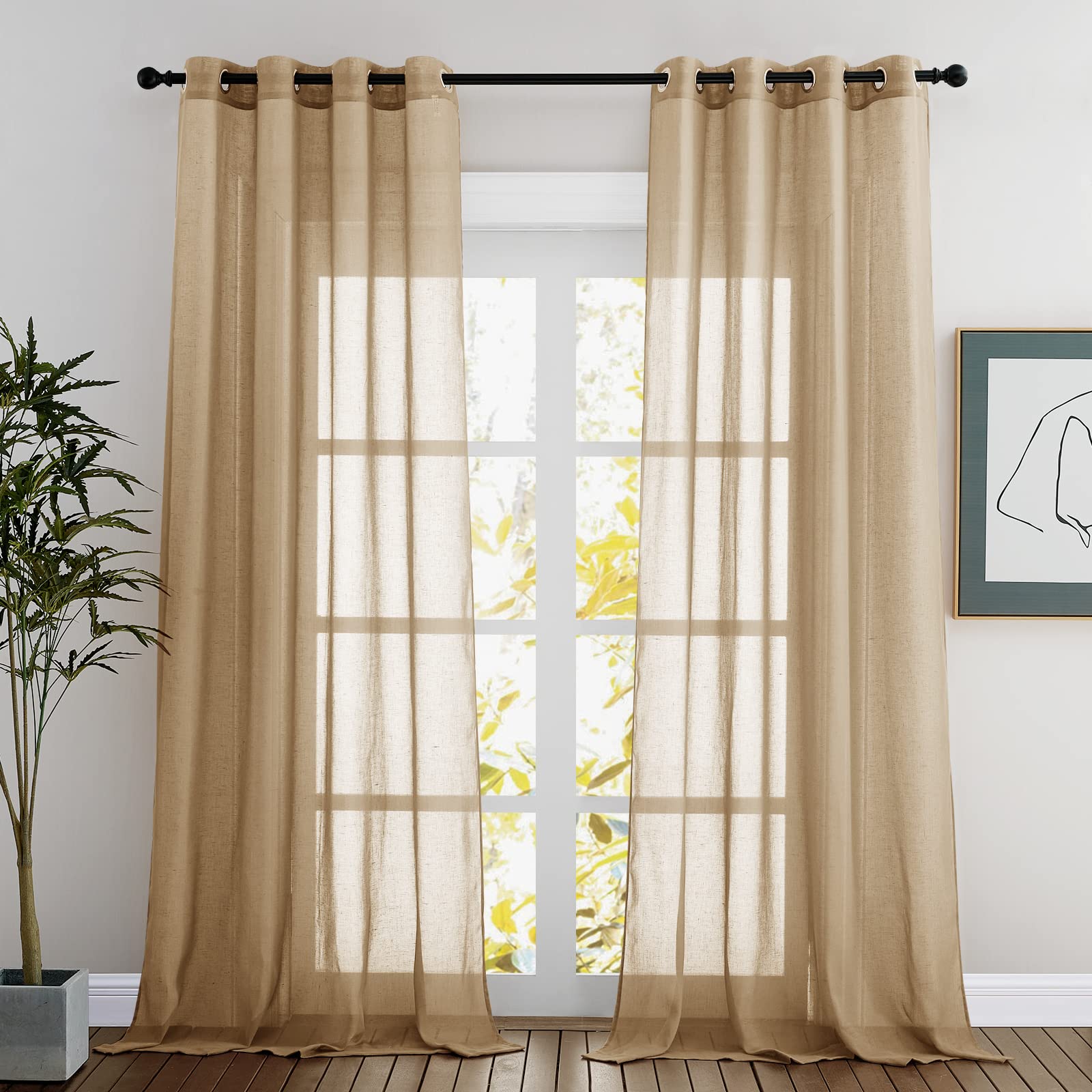 NICETOWN Linen Textured Semi Sheer Curtains 84 inches Length, Eyelet Top Bedroom Window Privacy Translucent Light Filtering Flax Sheer Drapes for Guest Room, 52 inches Wide, 2 Panels, Sea Mist