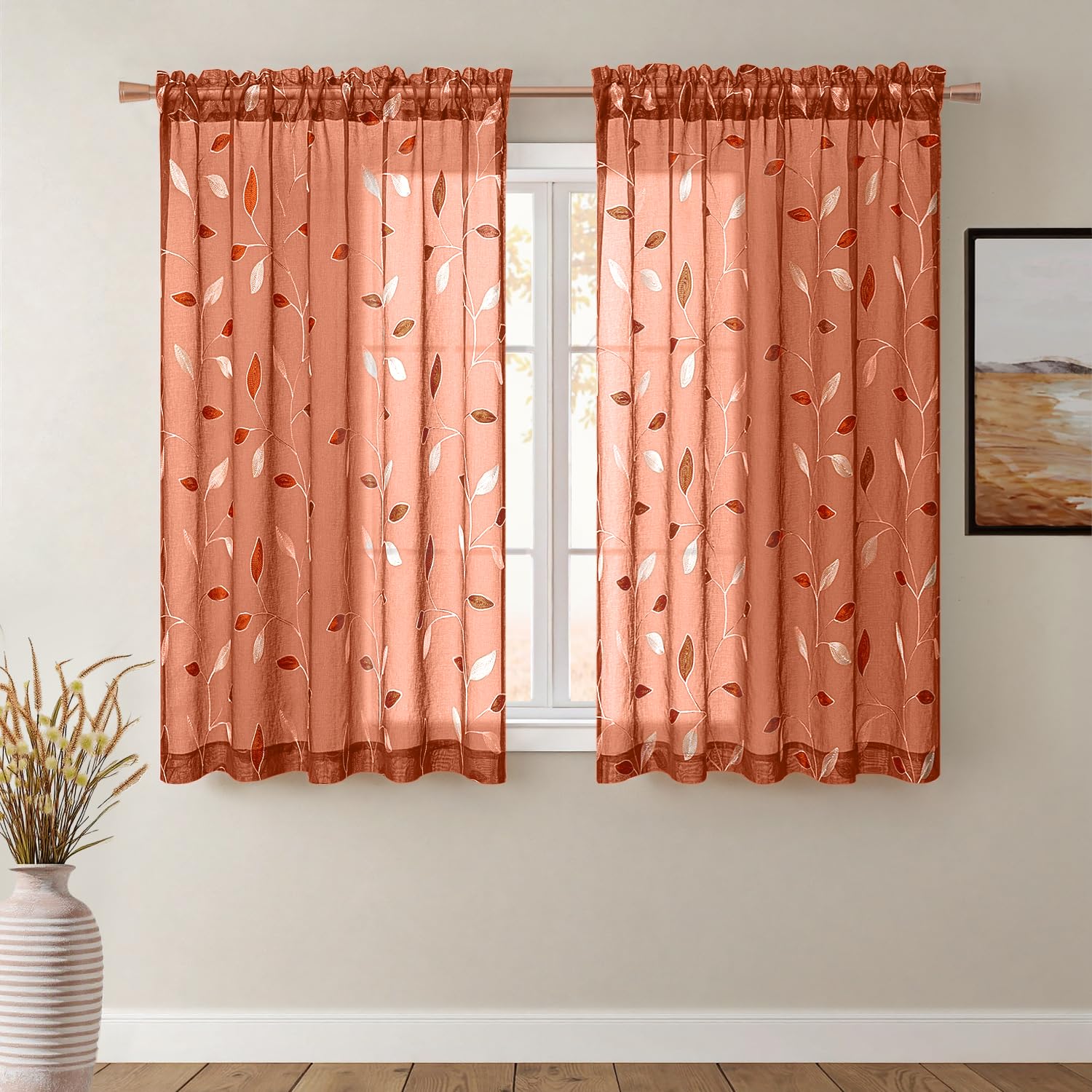 MIULEE Sage Green Sheer Curtains 2 Panels Embroidered Leaf Patterned Rod Pocket Floral Semi Sheer Faux Linen Window Curtains Drapes Set for Living Room Bedroom Dining Room, 52x84 Inches Long
