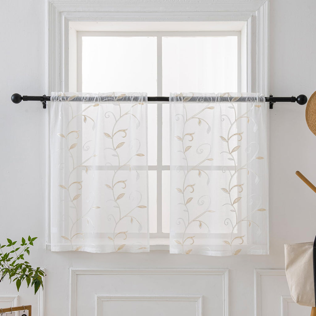 VISIONTEX 2 Panels Sheer Curtains 84 Inches Long, Cream Beige Floral Leaf Embroidered Semi Sheer Voile Curtains, Rod Pocket Light Filtering Window Drapes for Bedroom Living Room 54W x 84L