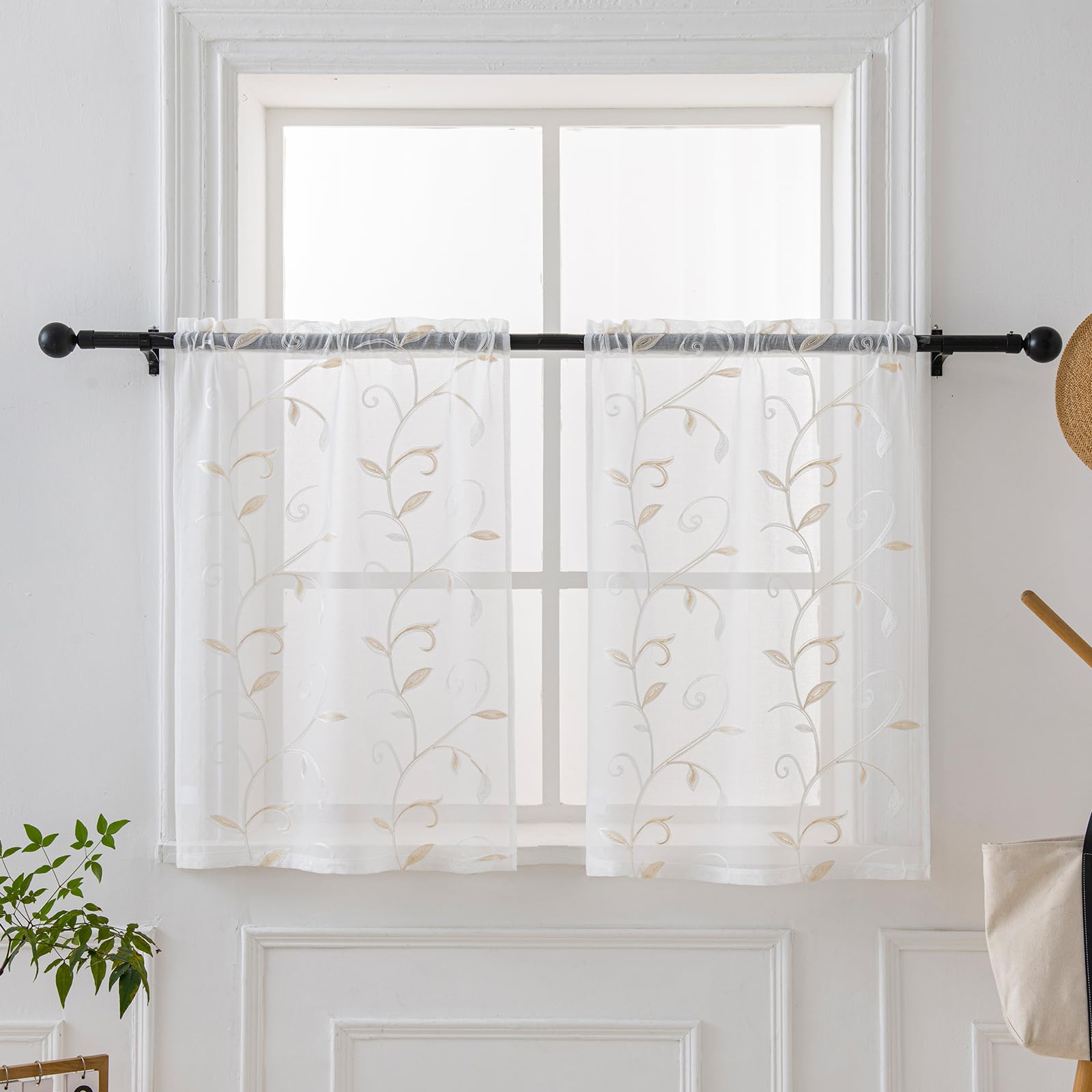 VISIONTEX 2 Panels Sheer Curtains 84 Inches Long, Cream Beige Floral Leaf Embroidered Semi Sheer Voile Curtains, Rod Pocket Light Filtering Window Drapes for Bedroom Living Room 54W x 84L