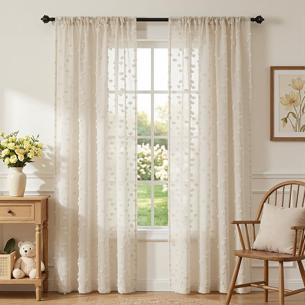 2 Panels 52"W x 84"L Dusty Rose Pom Pom Sheer Curtains Rod Pocket Light Filtering Boho Window Drapes for Girls Bedroom Nursery Kids Room