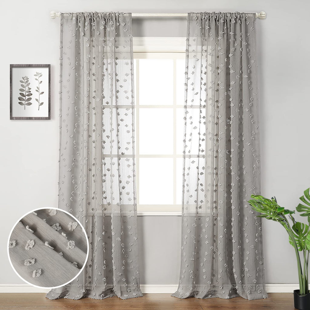 2 Panels 52"W x 84"L Dusty Rose Pom Pom Sheer Curtains Rod Pocket Light Filtering Boho Window Drapes for Girls Bedroom Nursery Kids Room