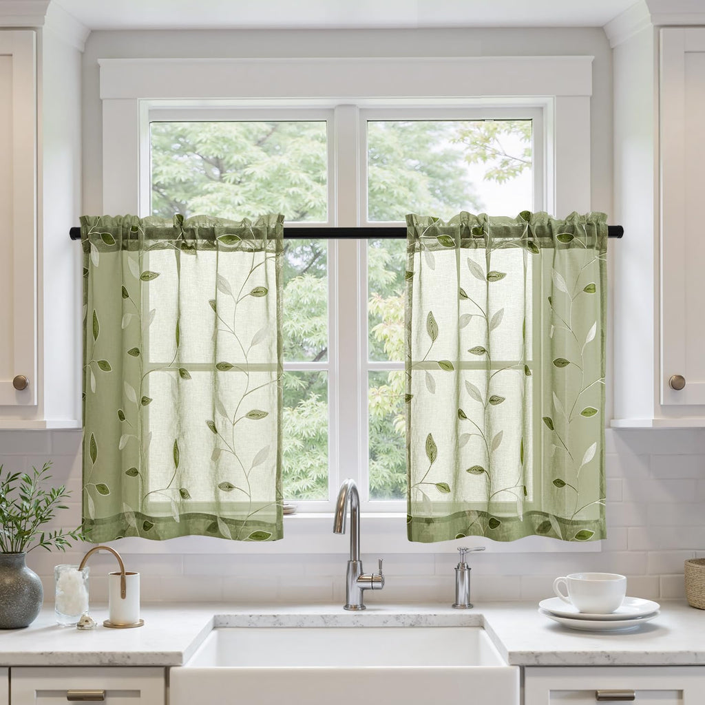 MIULEE Sage Green Sheer Curtains 2 Panels Embroidered Leaf Patterned Rod Pocket Floral Semi Sheer Faux Linen Window Curtains Drapes Set for Living Room Bedroom Dining Room, 52x84 Inches Long