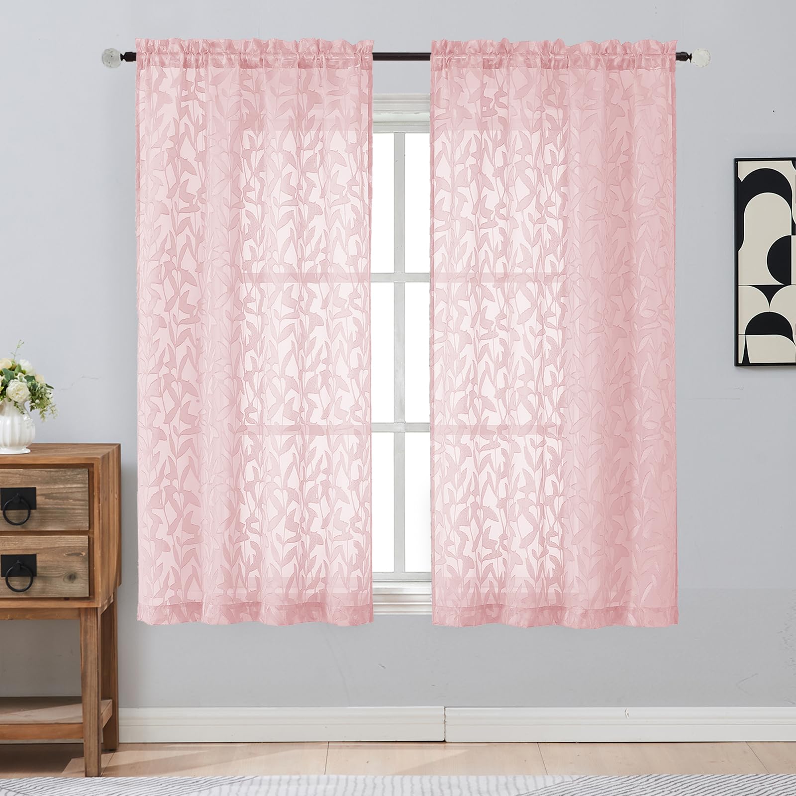 Gwine Sage Green Curtains 84 Inches Long 2 Panels Set, Light Filtering Soft Lightweight Sheer Curtains, Leaf Clip Jacquard Textured Curtain for Bedroom Living Room, 42Wx84L Inches, 2PCS