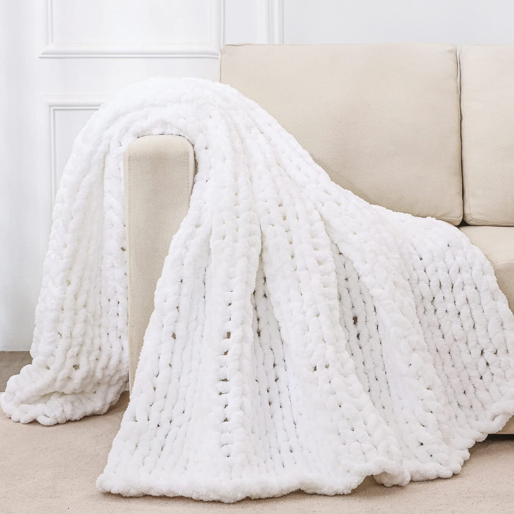 Bigacogo Chunky Knit Throw Blanket for Couch, 40x40 inches, 100% Hand Knitted with Thick Jumbo Chenille Yarn, Cozy Soft Large Rope Knot Cable Crochet Blankets for Sofa Bed Living Room, Dusty Blue
