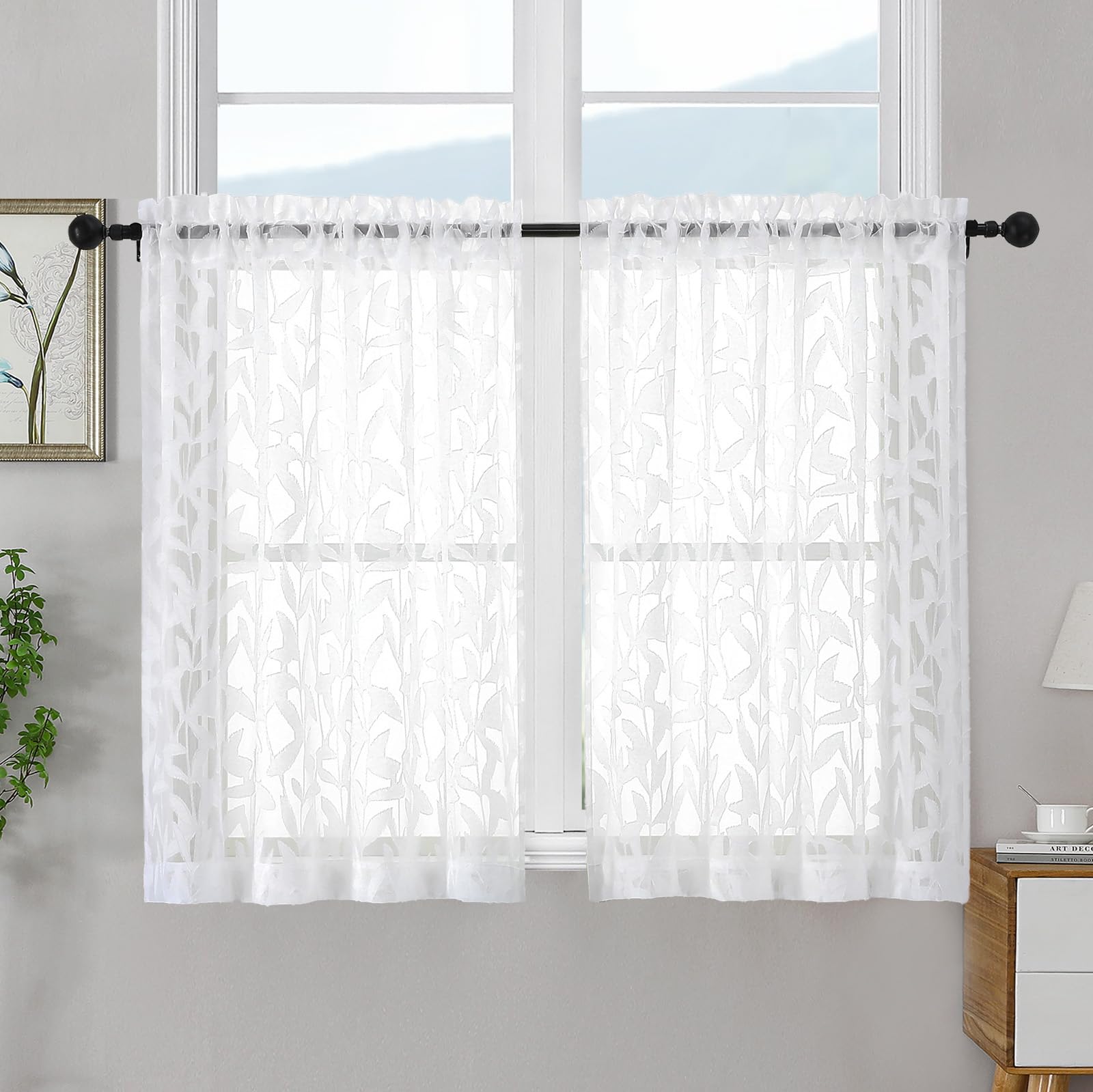 OWENIE Leyna 2 Panels Sage Green Sheer Curtains 63 Inch Length for Bedroom, Soft Lightweight Jacquard Clip Window Curtain for Living Room, Double Rod Pockets Textured Drapes, Each 40Wx63L Inches