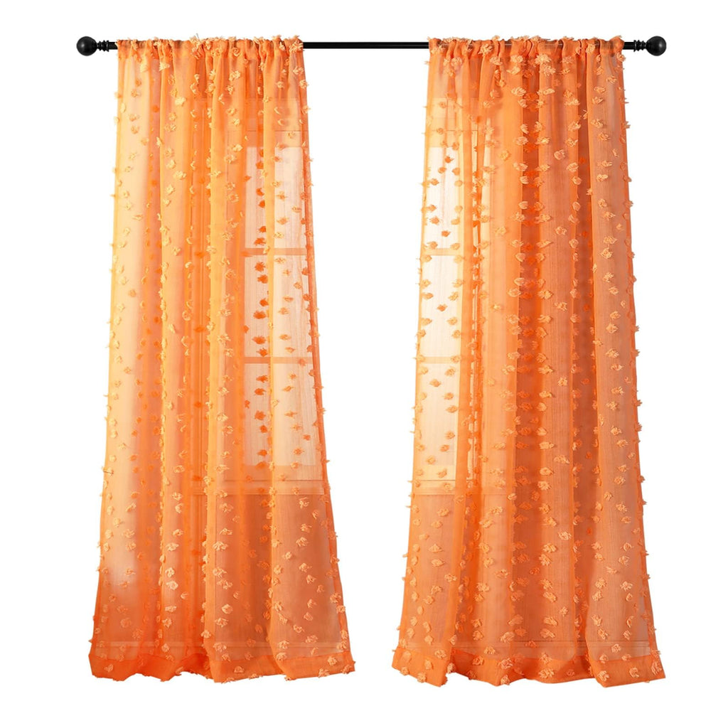 2 Panels 52"W x 84"L Dusty Rose Pom Pom Sheer Curtains Rod Pocket Light Filtering Boho Window Drapes for Girls Bedroom Nursery Kids Room