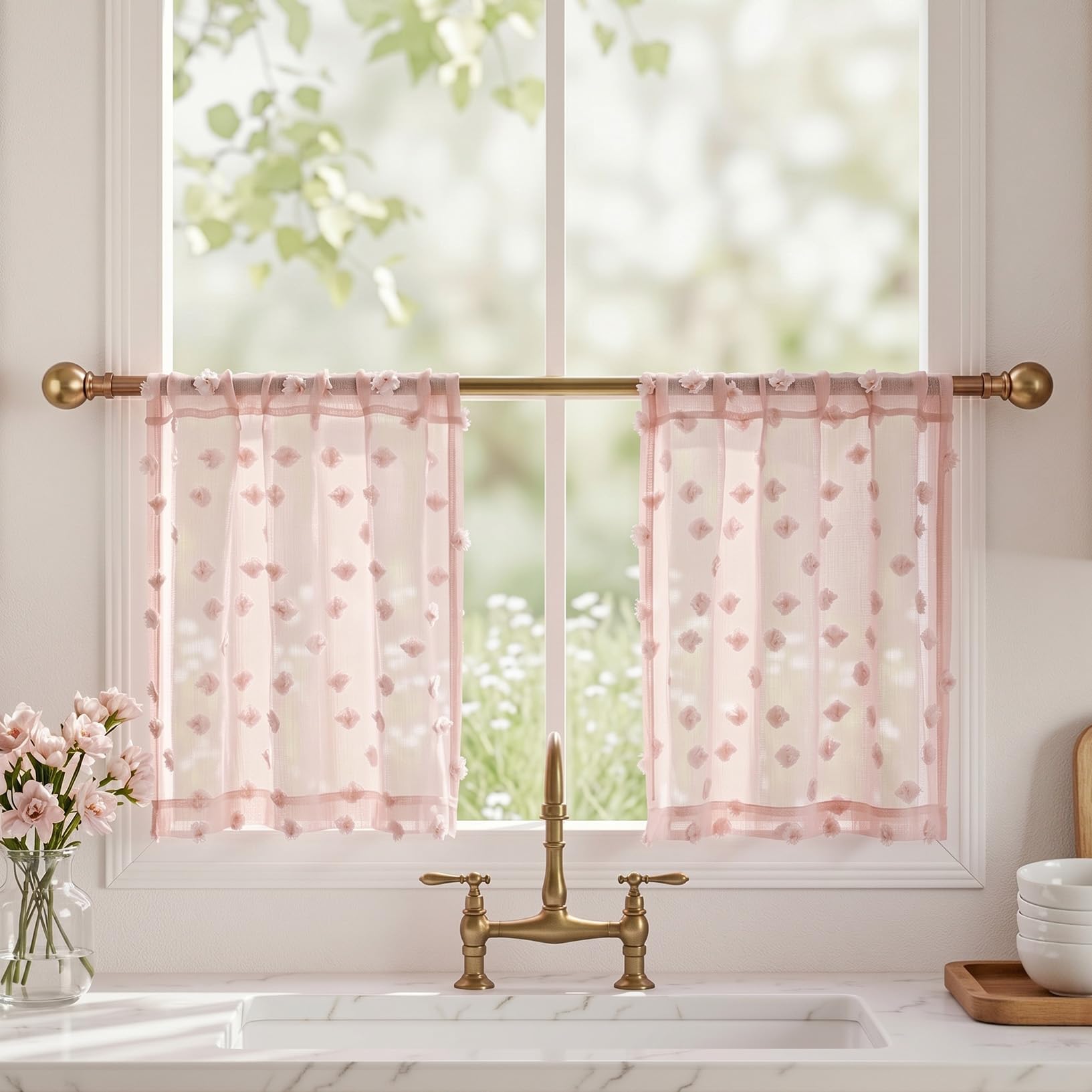 2 Panels 52"W x 84"L Dusty Rose Pom Pom Sheer Curtains Rod Pocket Light Filtering Boho Window Drapes for Girls Bedroom Nursery Kids Room