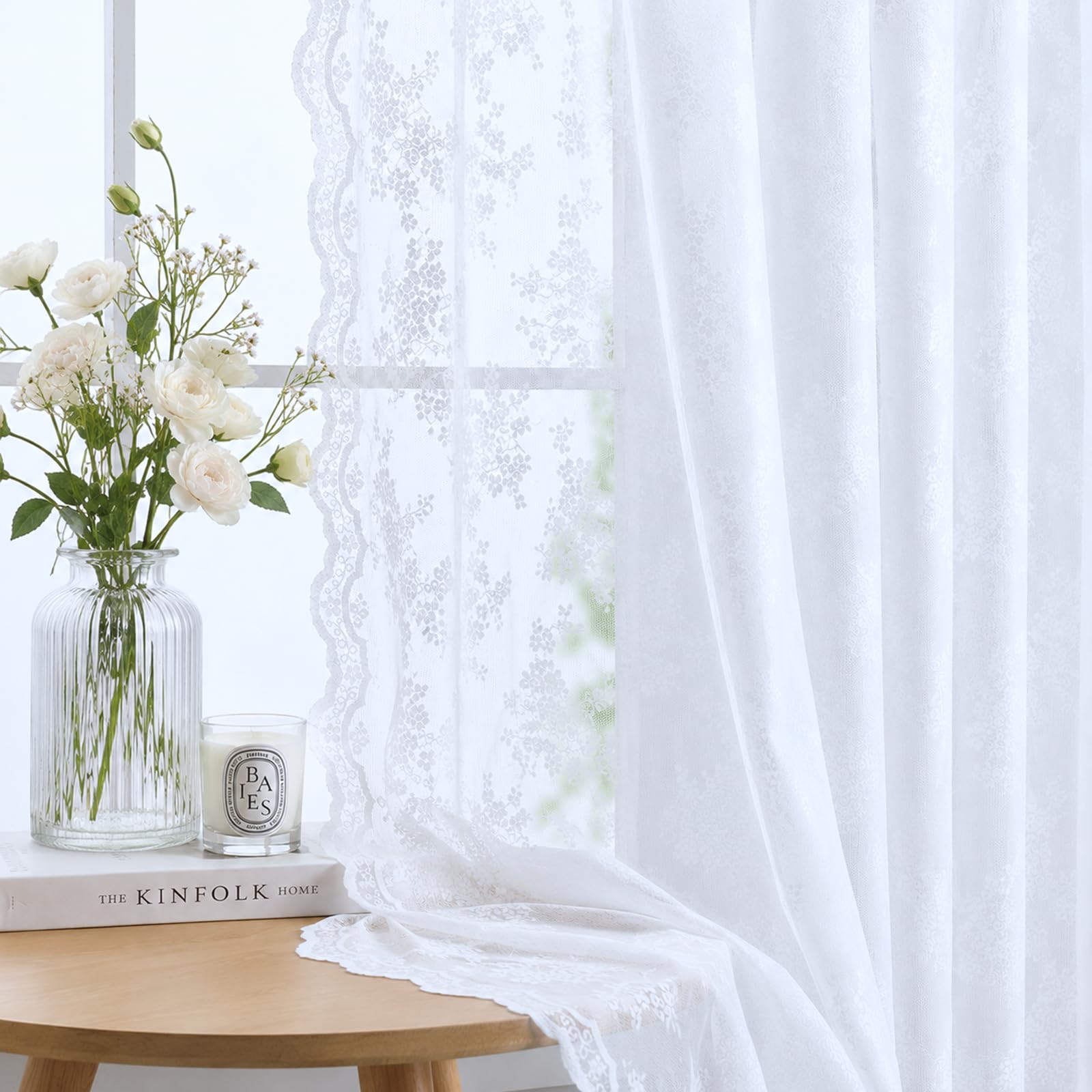 YJ YANJUN Vintage Lace Curtains 84 Inches Long-Victorian Floral Pattern Ivory Sheer Curtain Panels for Living Room Bedroom French Door, Light Filtering Drapes, 2 Panels 52W x 84L Cream
