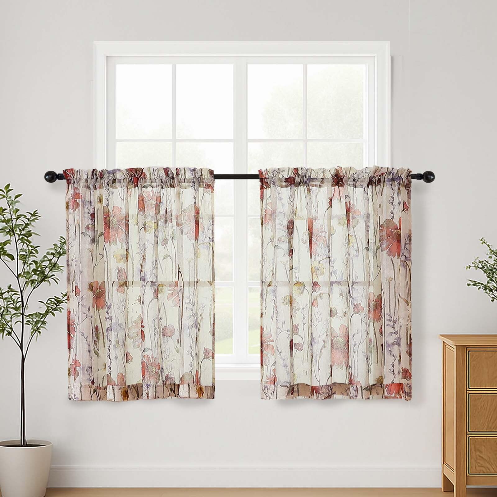 Lecloud Crushed Sheer Curtains 84 Inches Long 2 Panels, Airy Light Filtering Voile Floral Curtains for Living Room, Rod Pocket Romantic Window Curtain Drapes for Bedroom Dining Room, 42" W x 84" L
