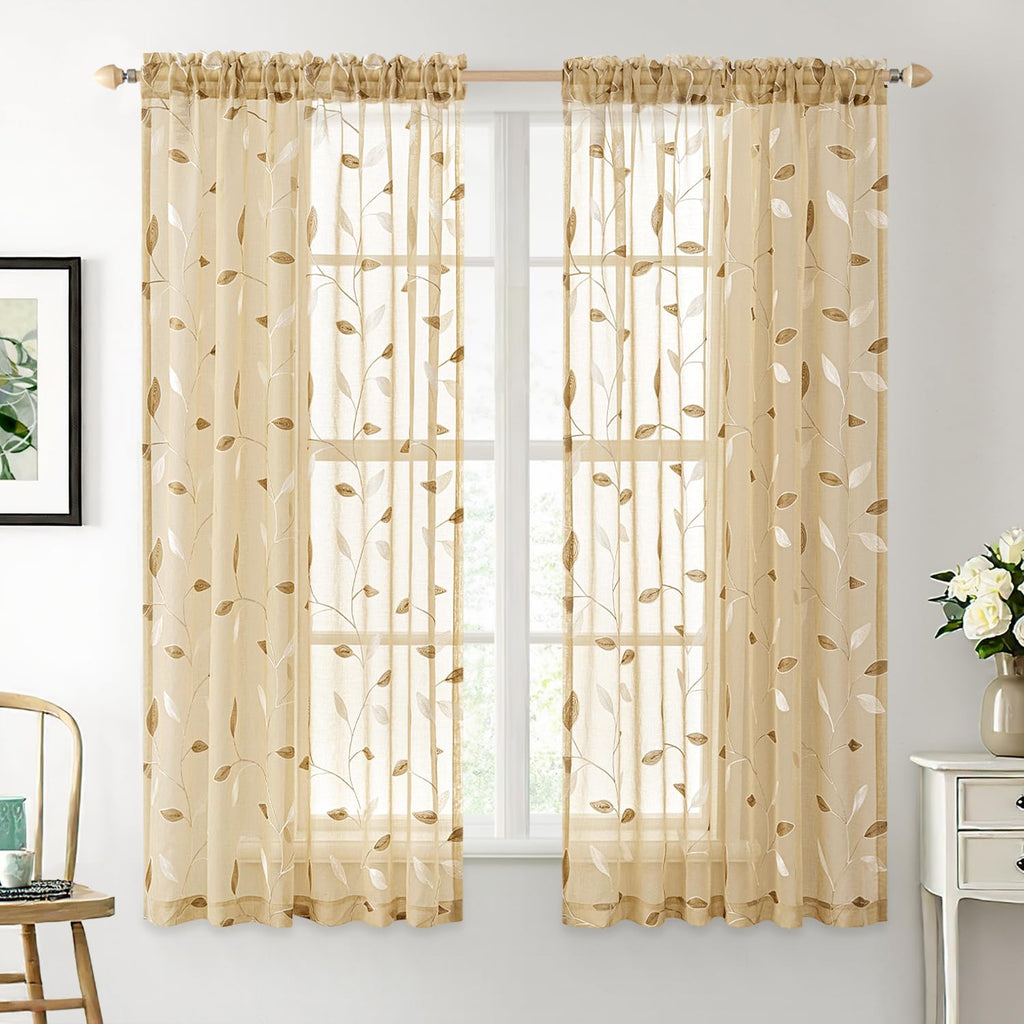 MIULEE Sage Green Sheer Curtains 2 Panels Embroidered Leaf Patterned Rod Pocket Floral Semi Sheer Faux Linen Window Curtains Drapes Set for Living Room Bedroom Dining Room, 52x84 Inches Long