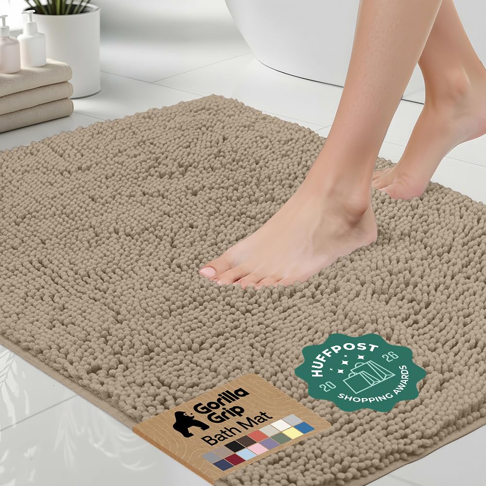 GORILLA GRIP Bath Rug Mat, Thick Soft Absorbent Chenille, Quick Dry Microfiber Mats, Rubber Backing, Machine Washable Shower Floor Rugs, Bathroom Bathmat Home Decor Accessories, 24x17 Grey