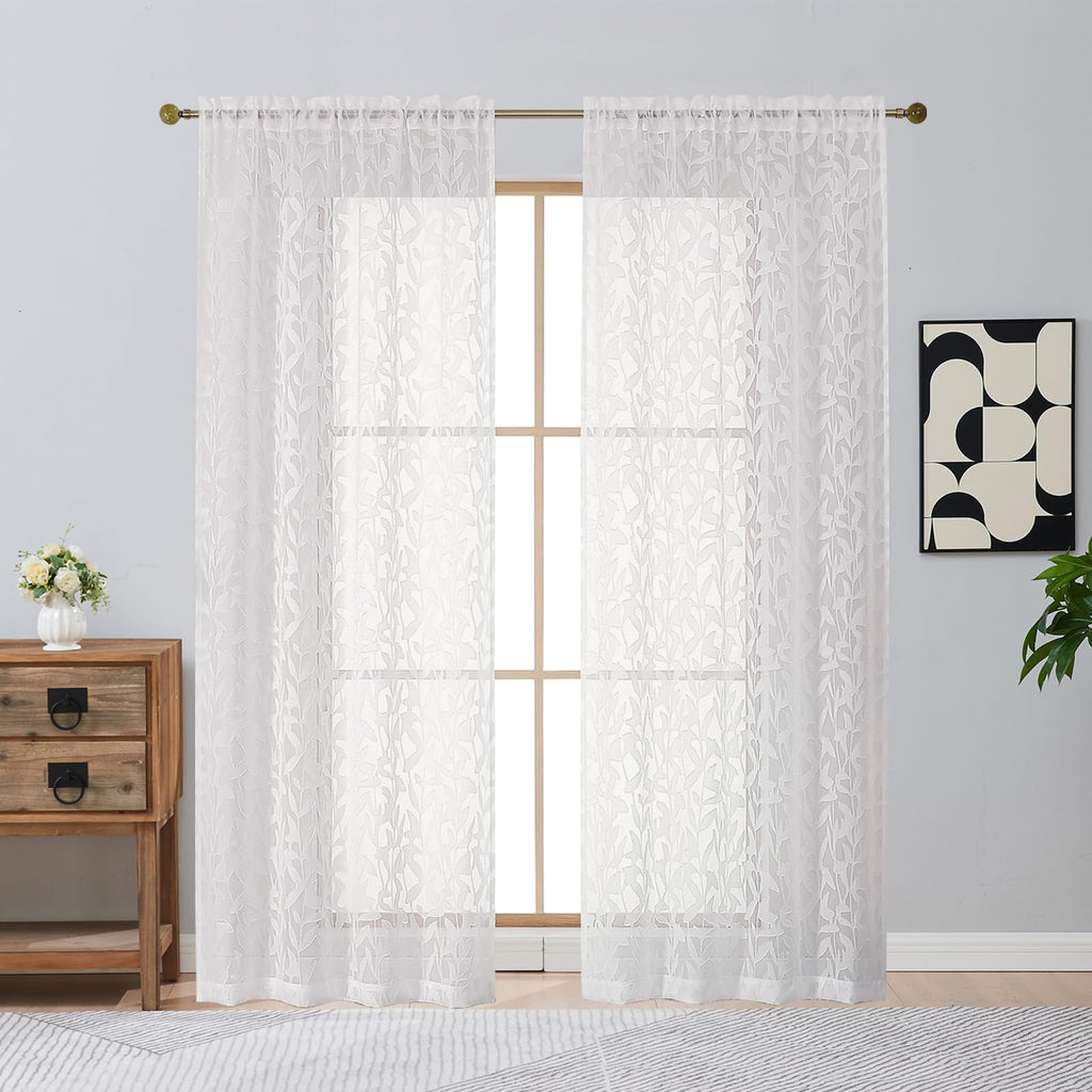 Gwine Sage Green Curtains 84 Inches Long 2 Panels Set, Light Filtering Soft Lightweight Sheer Curtains, Leaf Clip Jacquard Textured Curtain for Bedroom Living Room, 42Wx84L Inches, 2PCS