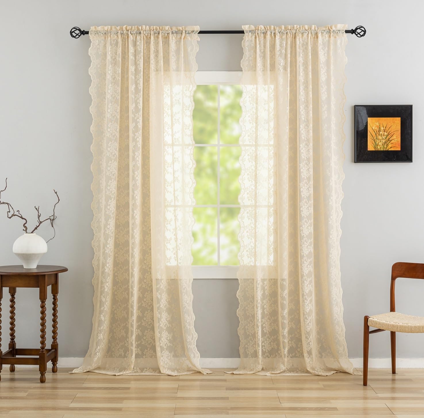 YJ YANJUN Vintage Lace Curtains 84 Inches Long-Victorian Floral Pattern Ivory Sheer Curtain Panels for Living Room Bedroom French Door, Light Filtering Drapes, 2 Panels 52W x 84L Cream