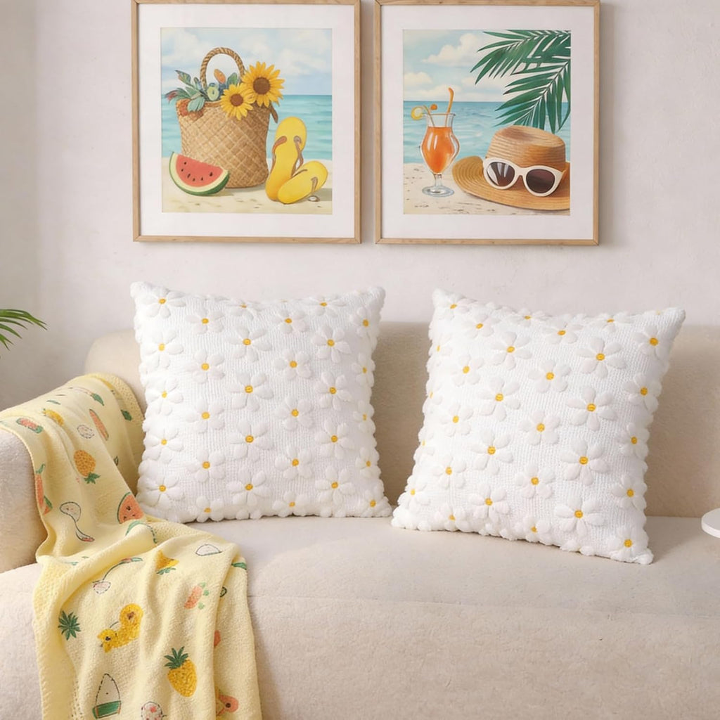 Yuubin Spring Summer Pillow Covers 18x18 Set of 2,White Daisy Pillow Cases Home Sofa Farmhouse Outdoors Indoor Couch Holiday Decor Plush Faux Fur Floral Pillow Decorations