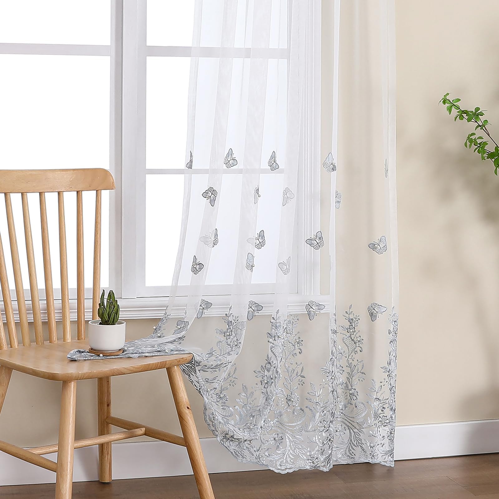 VISIONTEX 2 Panels Sheer Curtains 84 Inches Long, Cream Beige Floral Leaf Embroidered Semi Sheer Voile Curtains, Rod Pocket Light Filtering Window Drapes for Bedroom Living Room 54W x 84L