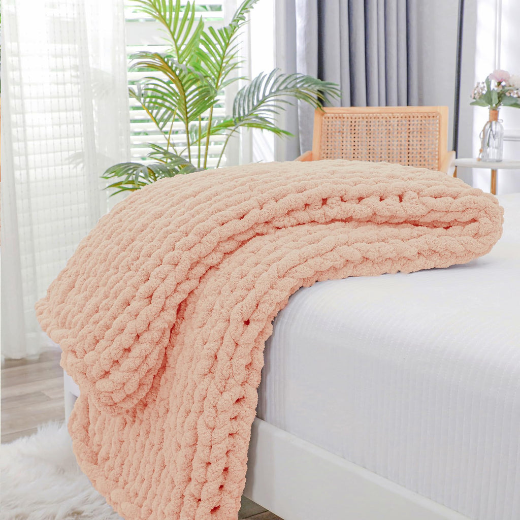 Bigacogo Chunky Knit Throw Blanket for Couch, 40x40 inches, 100% Hand Knitted with Thick Jumbo Chenille Yarn, Cozy Soft Large Rope Knot Cable Crochet Blankets for Sofa Bed Living Room, Dusty Blue