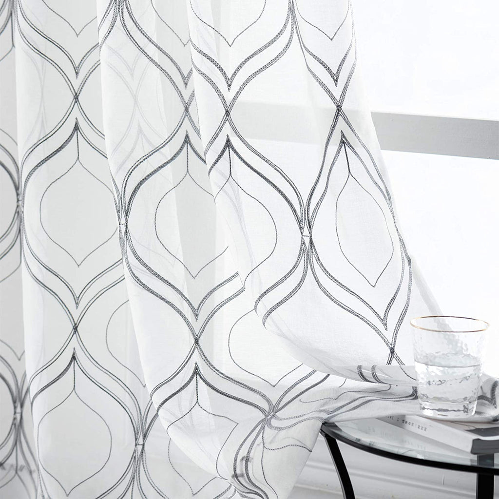VISIONTEX White Sheer Curtains 84 Inches Long 2 Panels, Light Filtering Grey Moroccan Trellis Embroidered Semi Sheer Voile Drapes, Rod Pocket Textured Window Curtain for Bedroom Living Room 54W x 84L