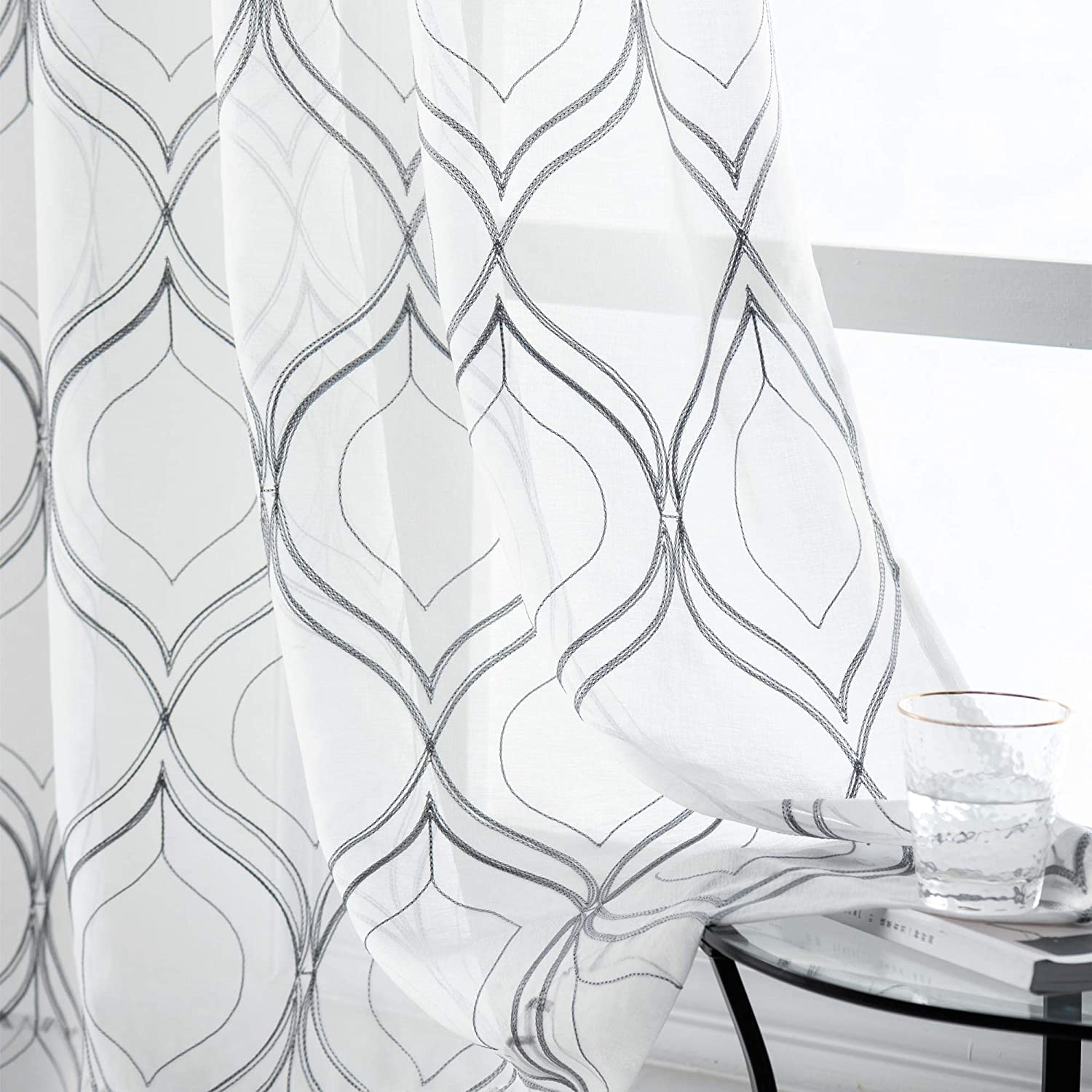 VISIONTEX White Sheer Curtains 84 Inches Long 2 Panels, Light Filtering Grey Moroccan Trellis Embroidered Semi Sheer Voile Drapes, Rod Pocket Textured Window Curtain for Bedroom Living Room 54W x 84L